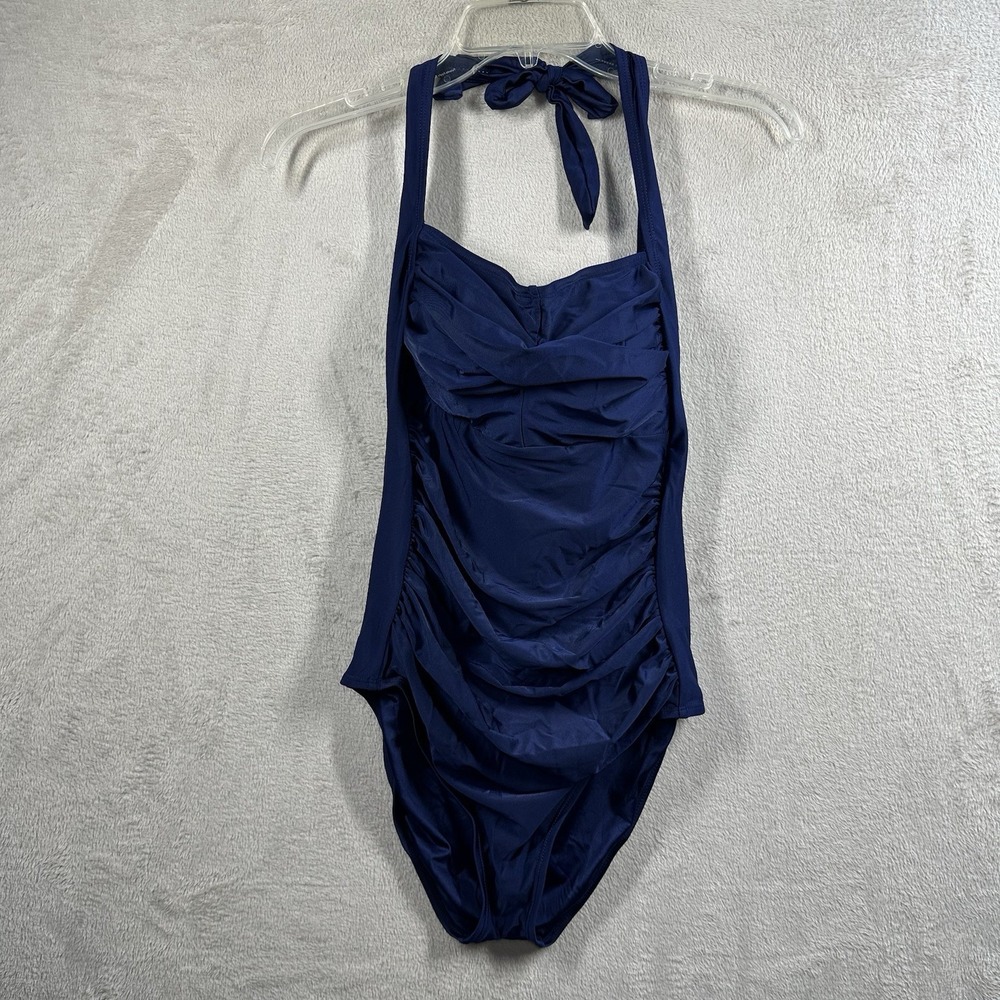 Smismivo Tummy Control Swimwear Halter One‎ Piece Slimming Retro Swimsuit Blue
